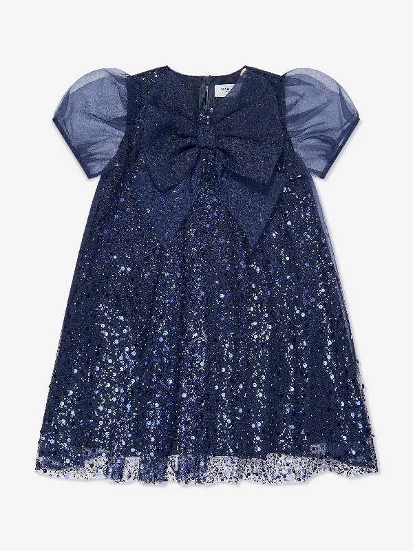 Mama Luma Girls Sequined Soft Tulle Dress in Navy